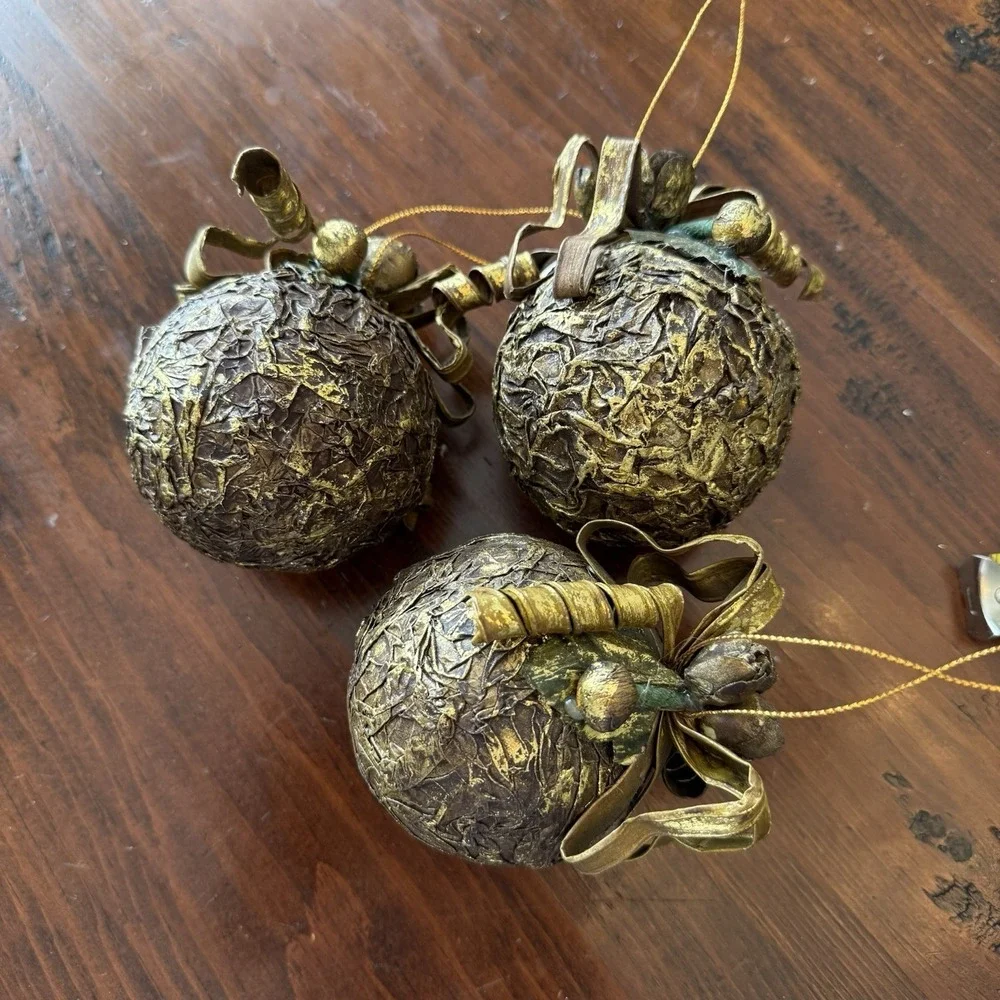 3 - Vtg Textured Metallic‎ Gold Christmas Ornaments Ball 3